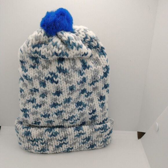 Hand Crafted Accessories - Handmade Hat Blue Unisex Winter Slouchy Knit Warm Beanie Ski Cap Pom Pom